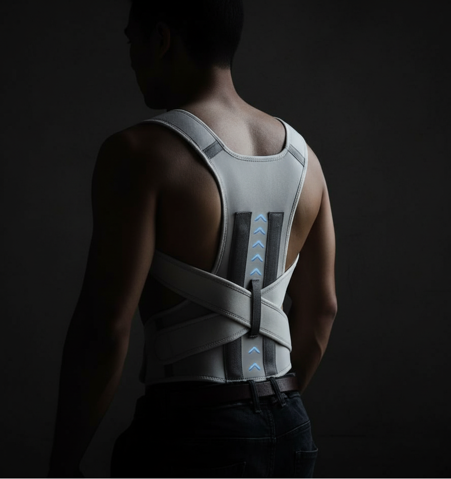 Person wearing a gray posture corrector against a dark background